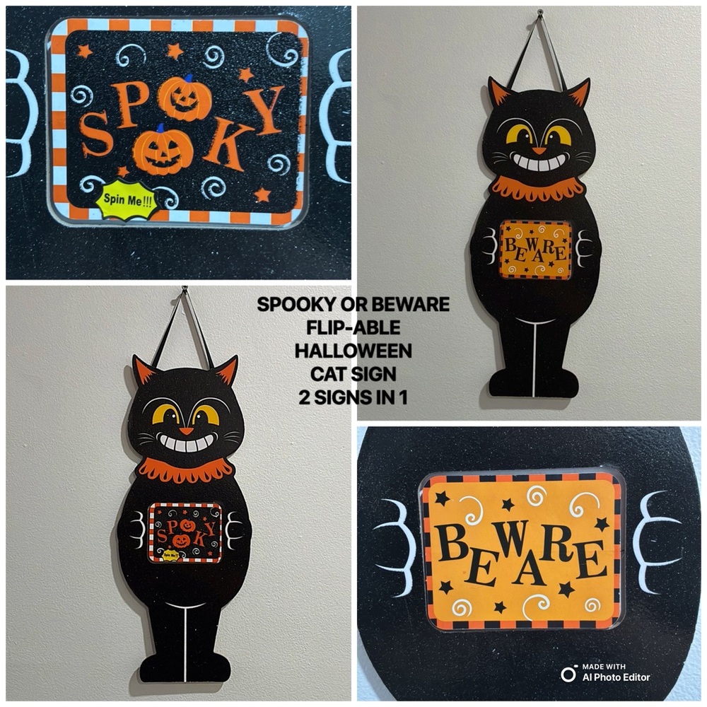 NWT- SPOOKY or BEWARE- FLIPPABLE- Glittered Black Cat Halloween Wall Decor Sign